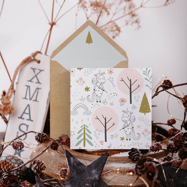 Weihnachtskarte mit Kuvert Einhorn Unicorn mit Bäumen