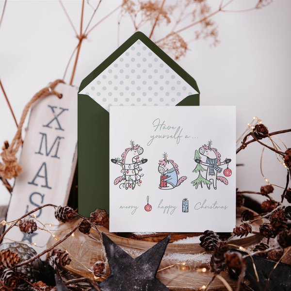 Weihnachtskarte mit Kuvert Einhorn Unicorn Have yourself a merry happy Christmas