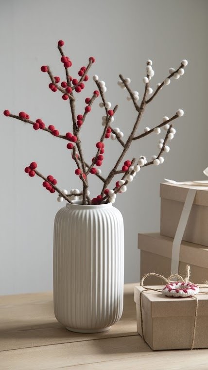 Filzzweig - Branch with white berries - NEPAL FAIRTRADE handmade